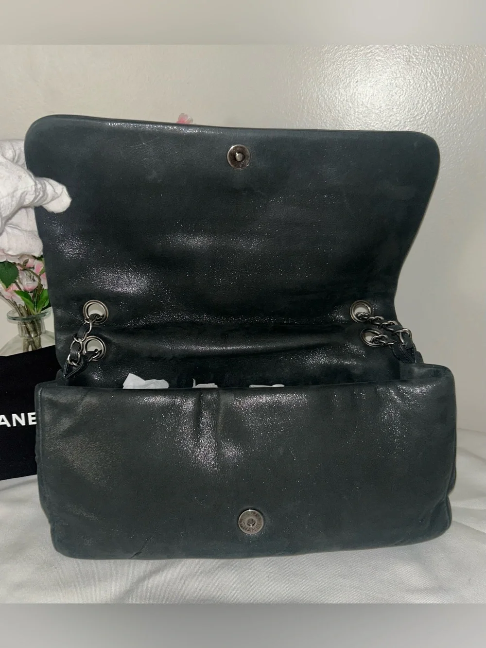 CHANEL Iridescent Calfskin Glint Large Flap Bag Charcoal Dark Grey